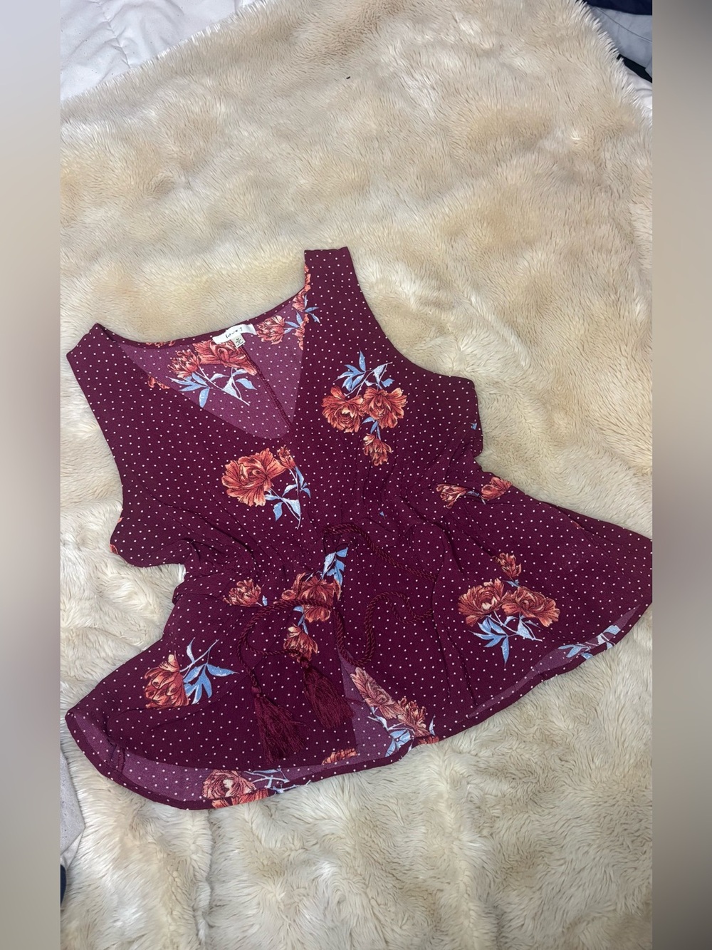 love J Burgundy Floral V-Neck Top with Polka Dot Print
